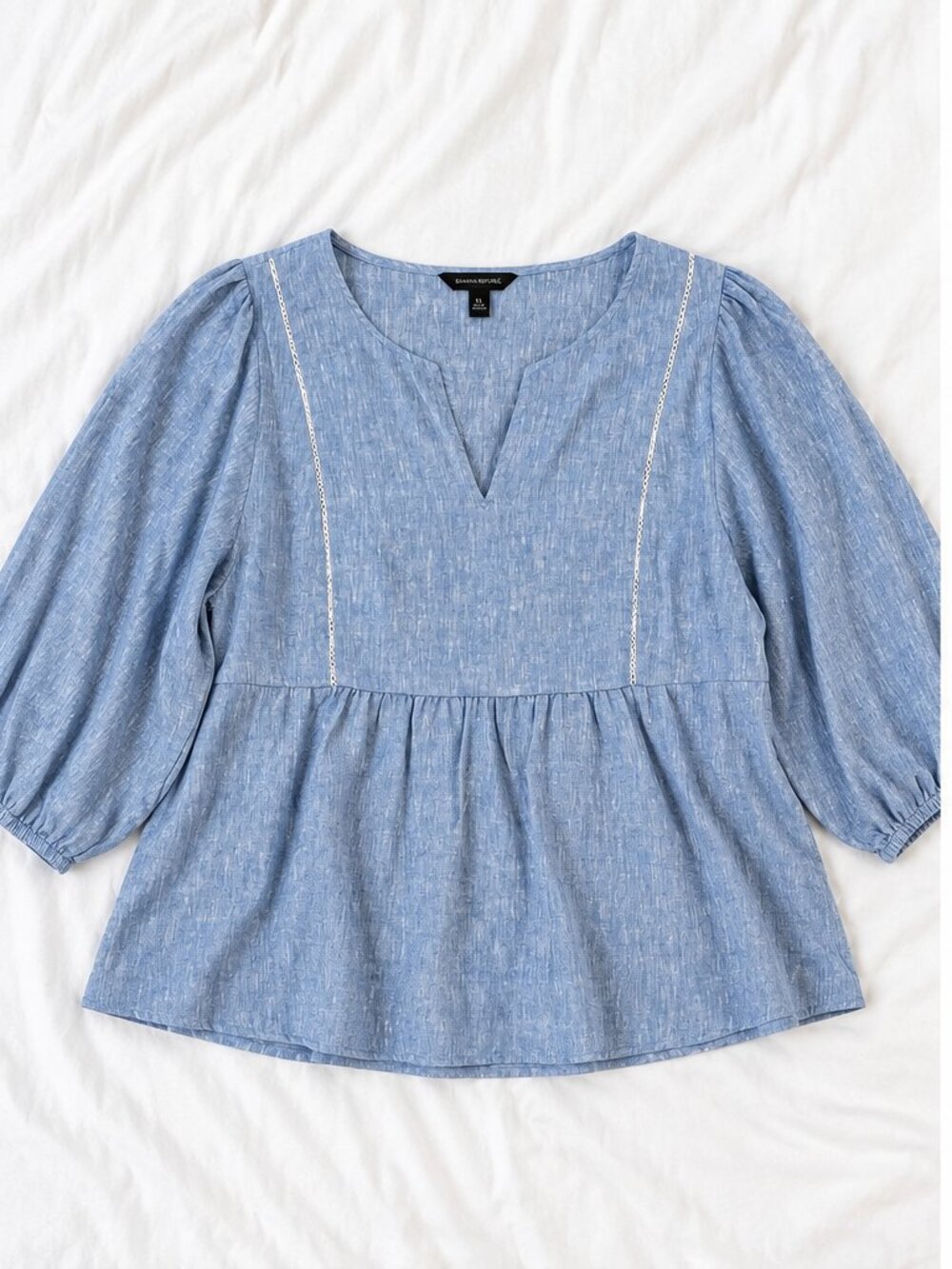 Banana Republic Blue Chambray Peplum Blouse Puff Sleeve Top XL